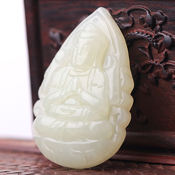 开光和田浅黄玉千手观音吊坠★手工雕刻<em>小号</em>属