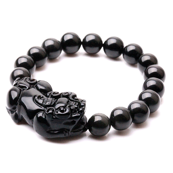 10MM天然黑曜石貔貅手链_招财旺财_黑曜石_