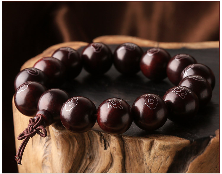 开光天然科檀木镶银丝手链★14mm男士六字真