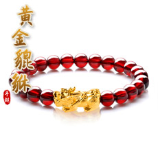 石榴石黄金貔貅手链★足金皮休配福运金珠单圈多圈本命年红手链多款可选