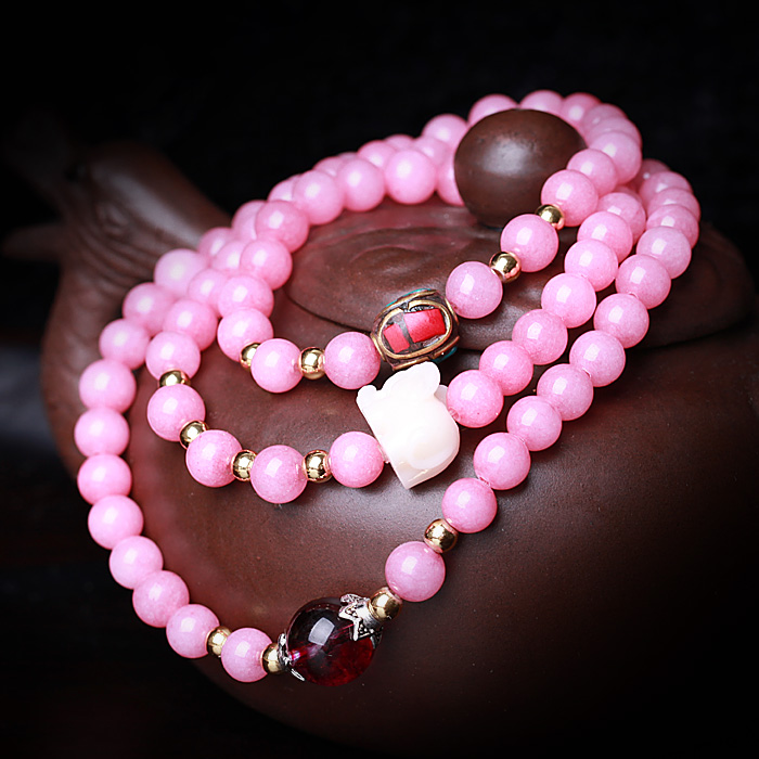 精品马来玉手链手串★粉色108颗佛珠手链★定情绪保平安