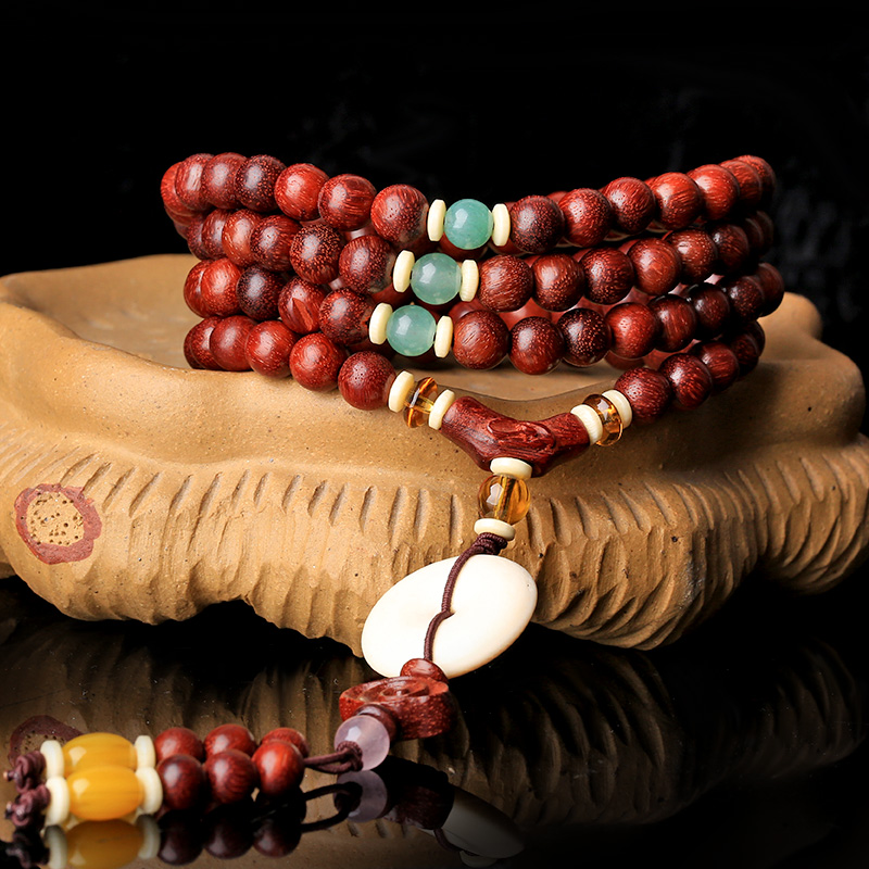 天然小叶紫檀108颗佛珠手串★紫檀配牛骨平安扣佛珠手链