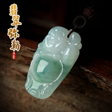 天然翡翠A货弥勒佛吊坠★冰糯种飘花翡翠大肚佛玉佩