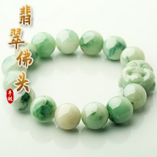 豆种翡翠弥勒佛头手链★天然翡翠A货佛头手串