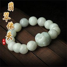 特价14mm豆种翡翠弥勒佛头手链★天然A货手工雕佛头手串