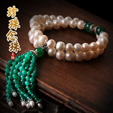 天然珍珠手链★时尚优雅双圈手链★韩版青金石紫水晶手串饰品