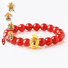 红玛瑙配黄金足金十二生肖吉祥物手链★3D硬金工艺本命年红色红手链