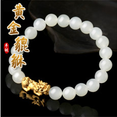 黄金貔貅和田玉单圈手链★和田玉配足金3D硬金黄金手串★时尚流行饰品