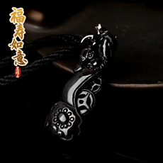 天然黑曜石★福寿如意吊坠