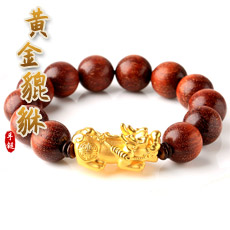 满金星小叶紫檀配足金黄金貔貅手链★3D硬金工艺★紫檀木沉香木小号中号大号多款可选
