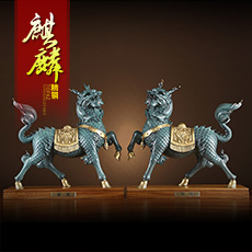 纯铜青云直上瑞兽对麒麟青色彩铜摆件★家居客厅办公室装饰开业搬家结婚晋升礼品