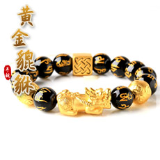 黄金貔貅六字真言圆珠虎眼玛瑙手链★3D硬金足金情侣手串
