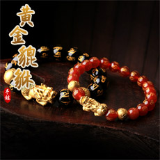 六字真言黑玛瑙红玛瑙配足金黄金貔貅手链★3D硬金工艺单圈手链多款可选